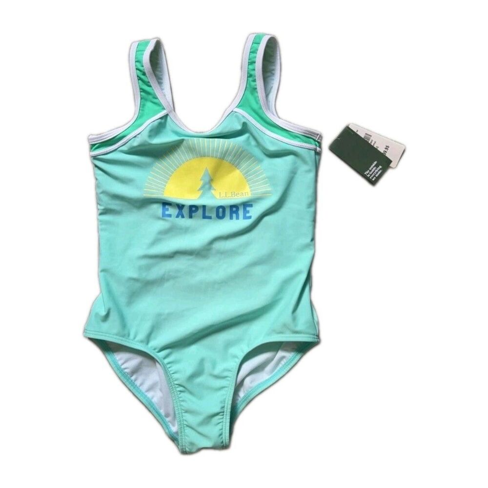 NWT L.L.Bean Girls Aqua Explore Graphic One Piece Swimsuit UPF 50+ Size 10